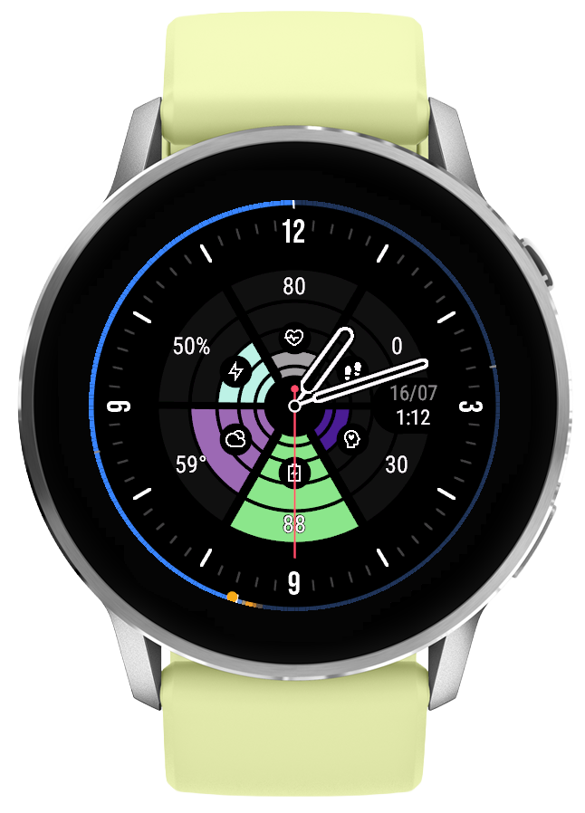 Analogged watchface with analog hands and colorful complications